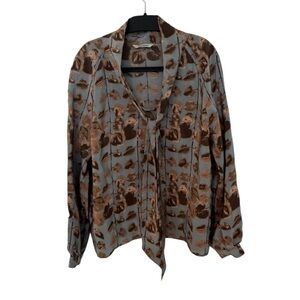 NWOT Tucker Silk Tie-Neck Blouse, Slate Blue/Brown Print, Size Small Petite